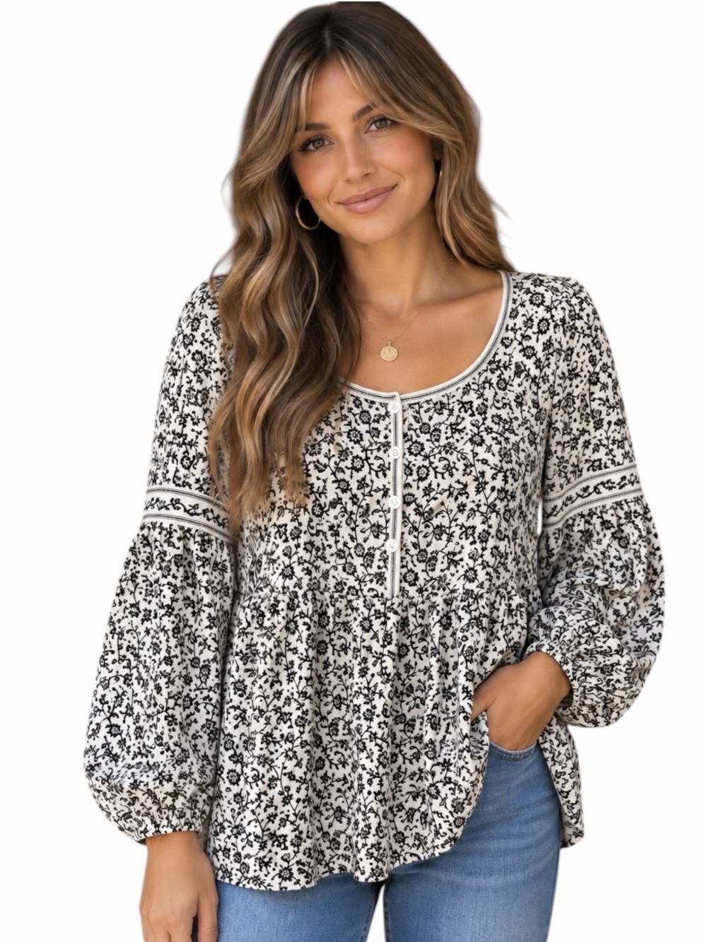 Max Studio Medium Cream & Black Floral Print Babydoll Tunic Blouse Office Casual